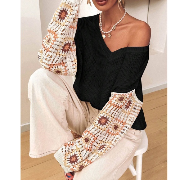 Cozy Floral Crochet V neck Oversized Sweater Top - Picture 8 of 12